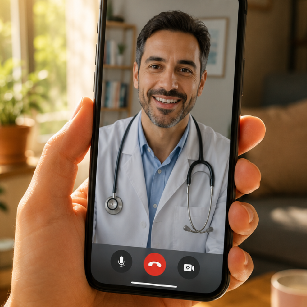 Consulta por vídeo com médico na tela do celular