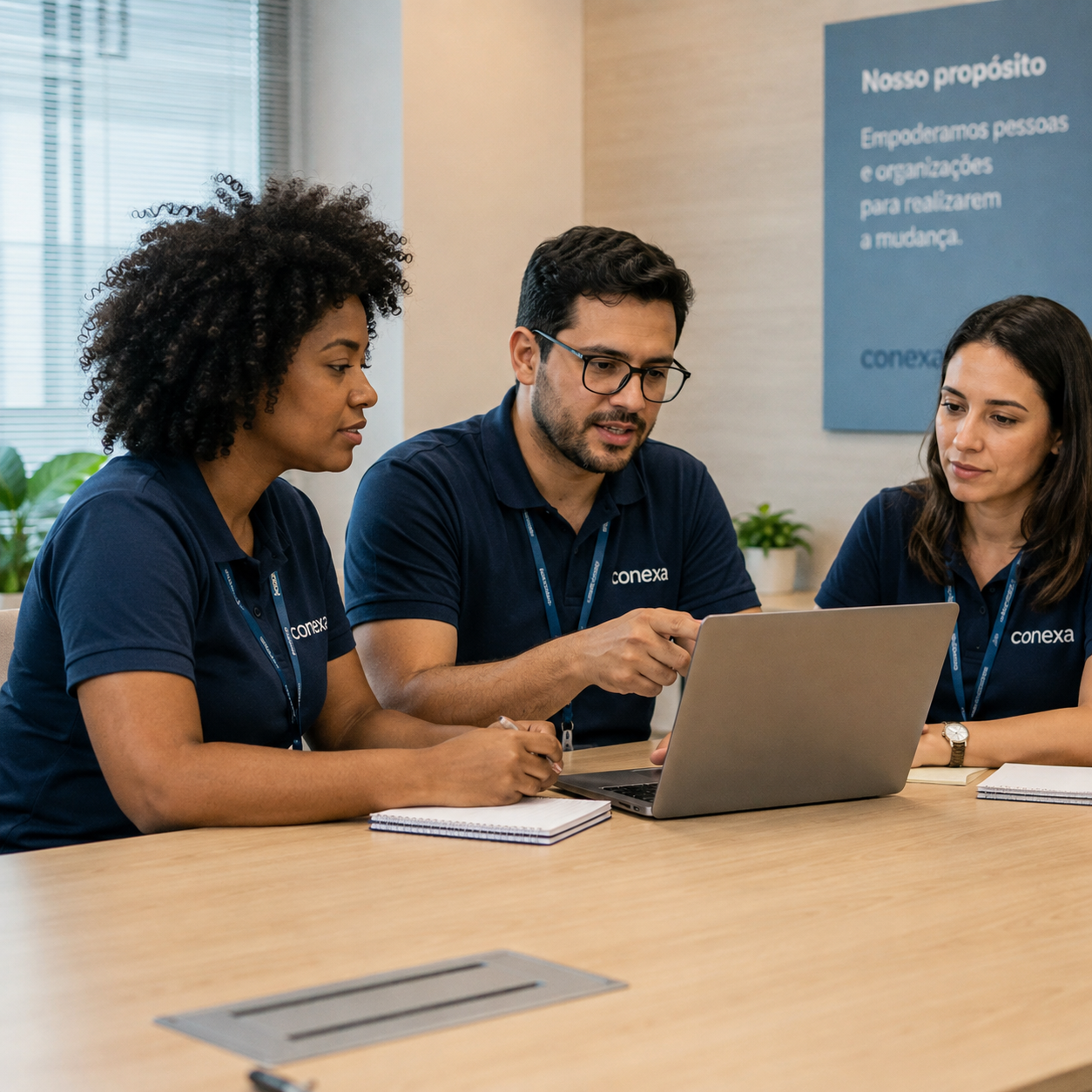 Equipe Conexa analisando informações em reunião de trabalho
