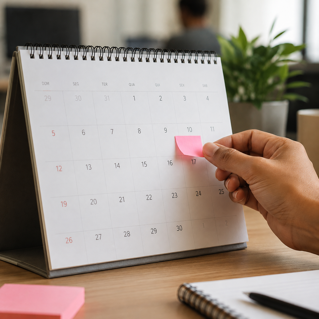 Mão marcando uma data no calendário de mesa com adesivo rosa