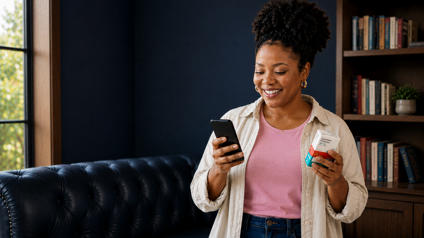 Mulher sorrindo no sofá com o app Conexa e uma caixa de medicamento