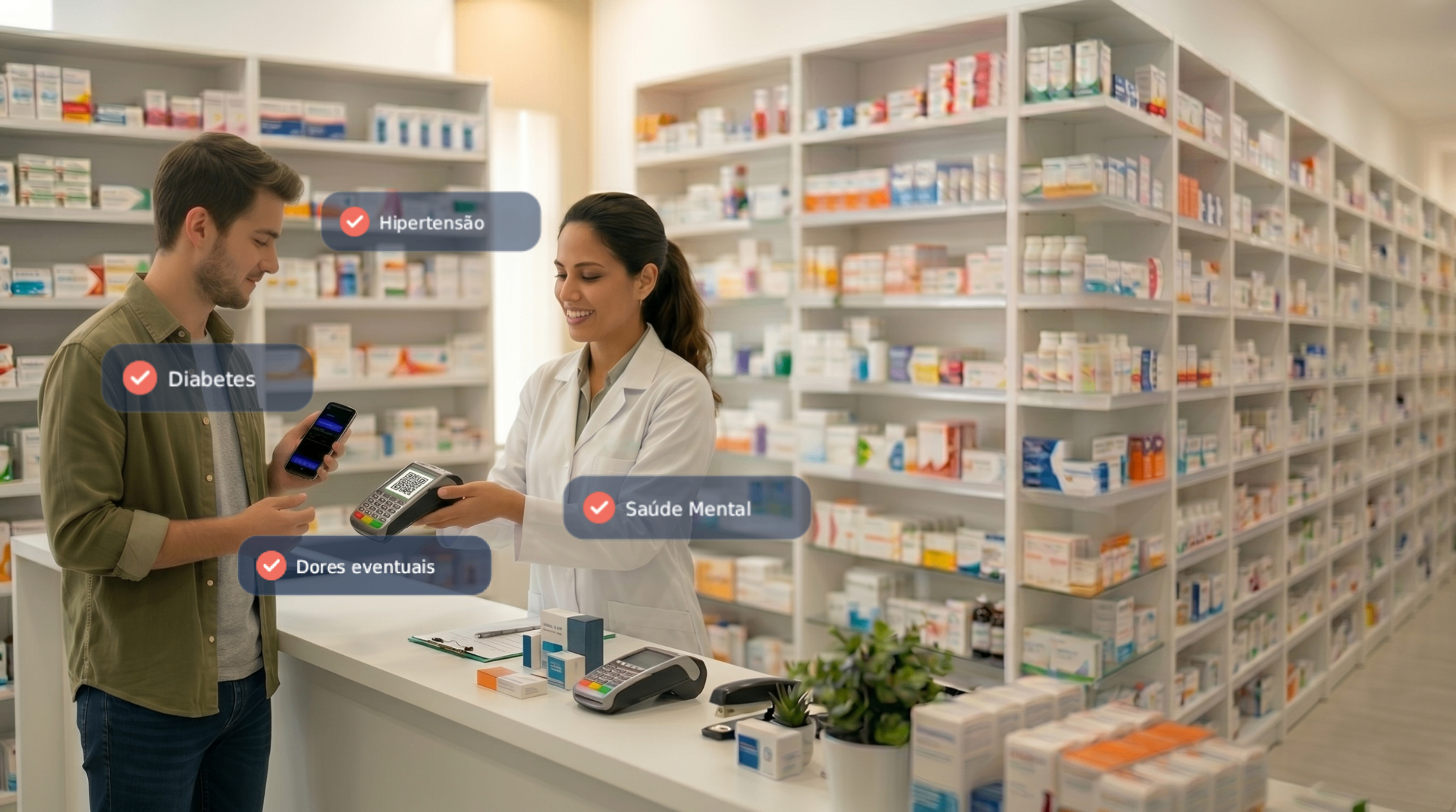 Farmacêutica entregando medicamento ao cliente